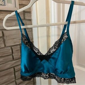 Vtg Victoria's Secret Teal Satin and Black Lace Bralette S Gold Label